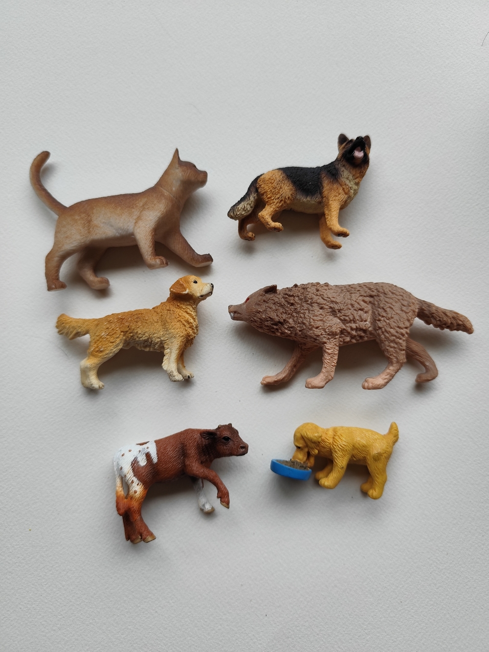 Set of 6 Mini Animal Figurines - Dogs, Wolf and Calf